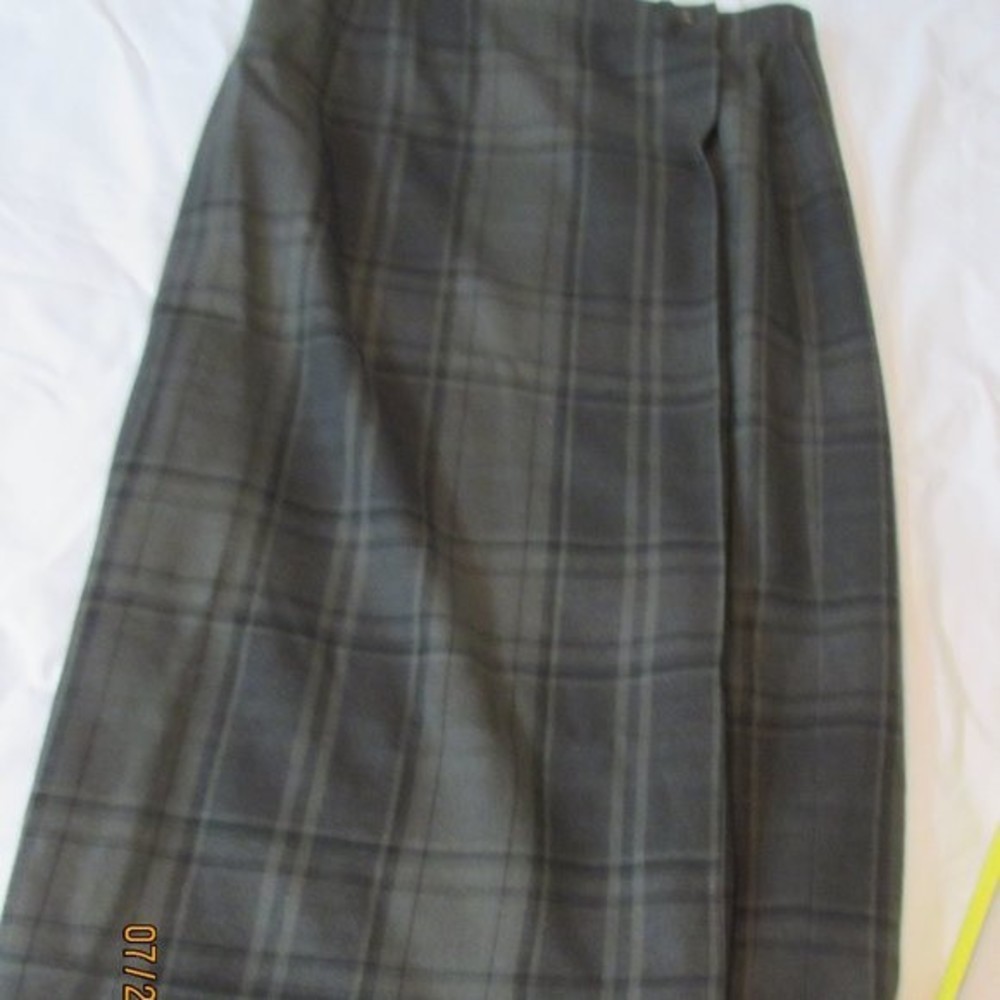VINTAGE LAUREN RALPH LAUREN 100% WOOL LONG SKIRT PLAID FRINGE WRAP GREEN SIZE 14